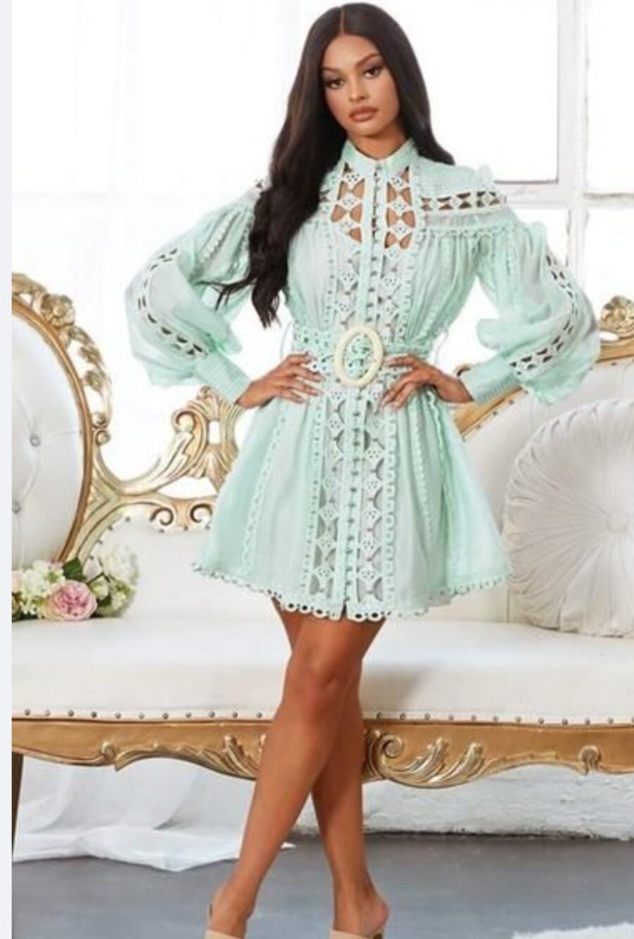 L'atiste Womens M Blue Silver Studded Western Mini Dress Lace Boho Chic NEW